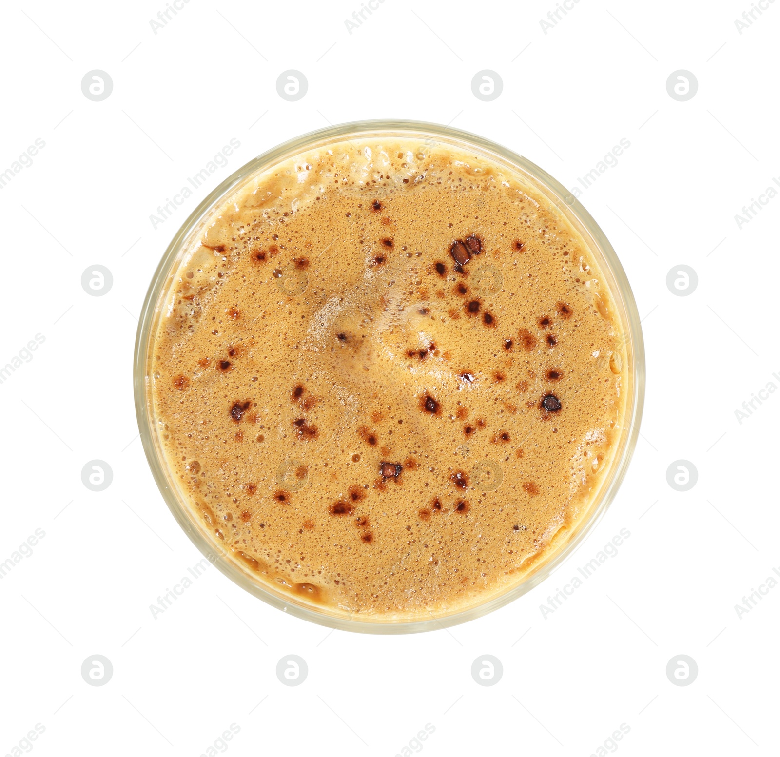 Photo of Delicious dalgona coffee in glass isolated on white, top view
