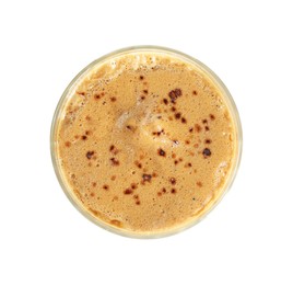 Photo of Delicious dalgona coffee in glass isolated on white, top view