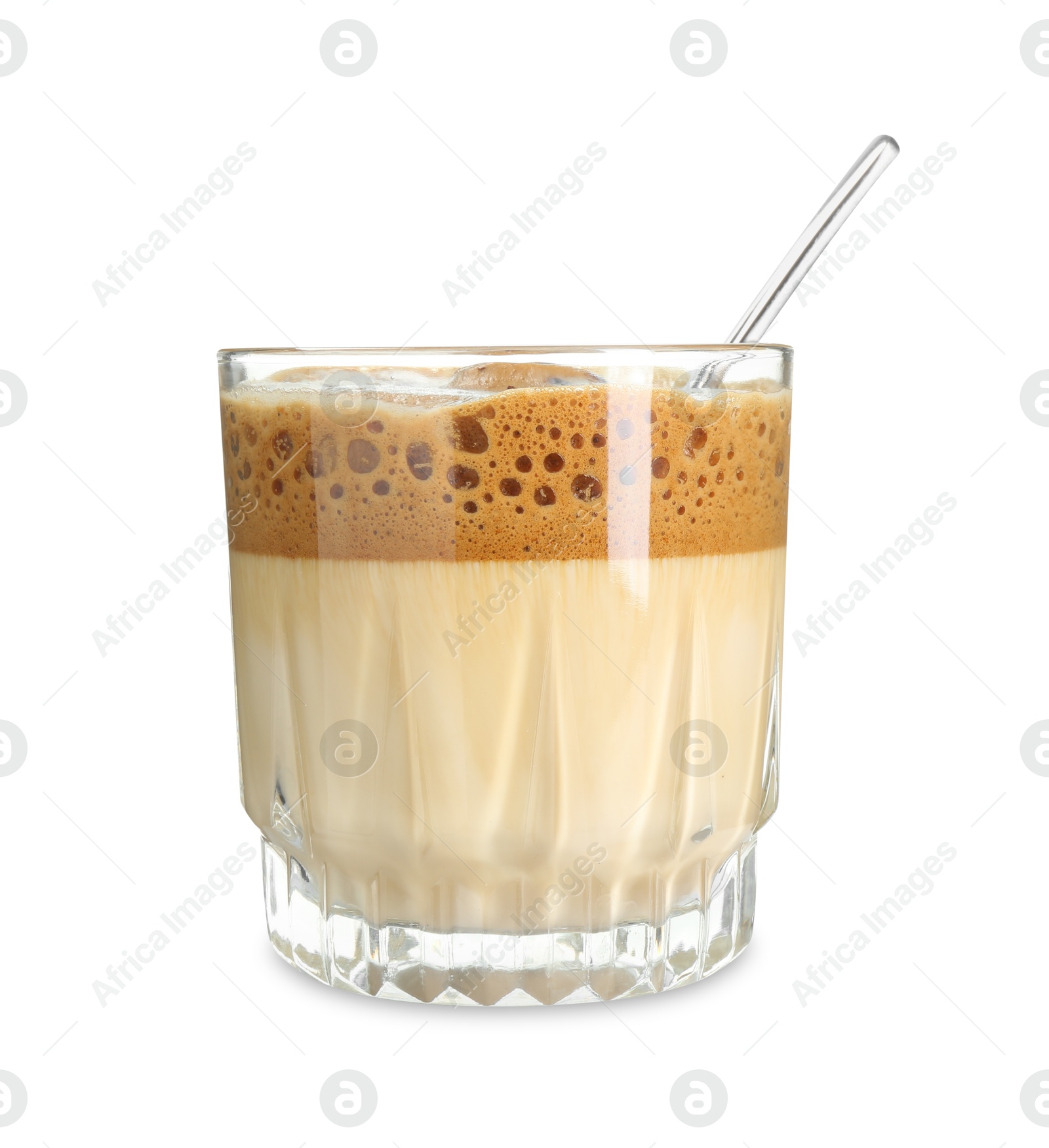 Photo of Delicious dalgona coffee in glass isolated on white