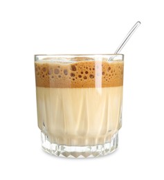 Photo of Delicious dalgona coffee in glass isolated on white
