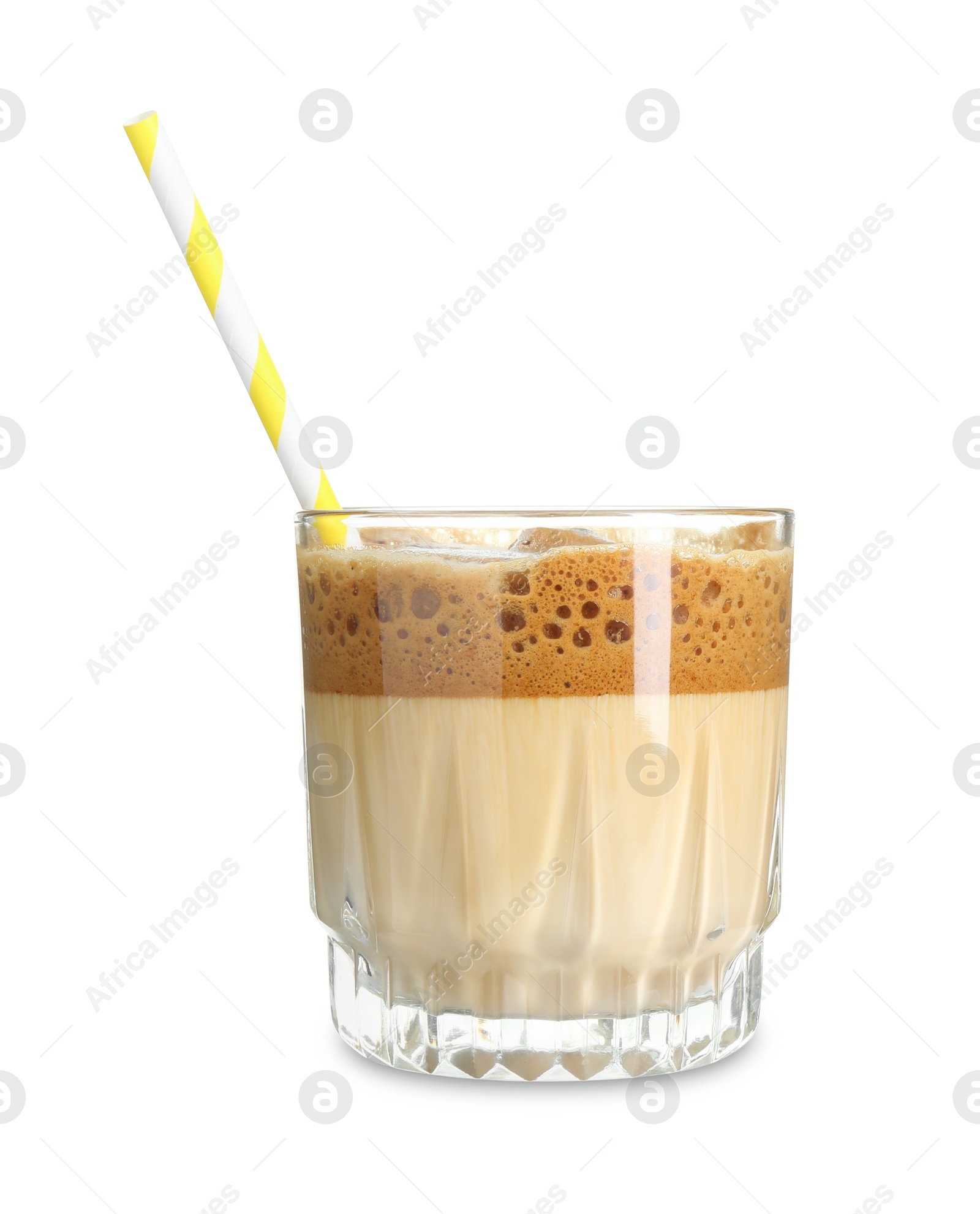 Photo of Delicious dalgona coffee in glass isolated on white