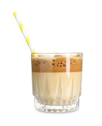 Photo of Delicious dalgona coffee in glass isolated on white