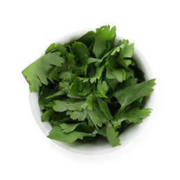 Photo of Aromatic cilantro in bowl isolated on white, top view