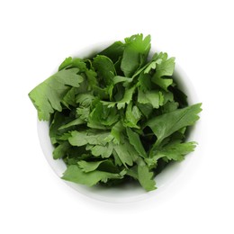 Photo of Aromatic cilantro in bowl isolated on white, top view