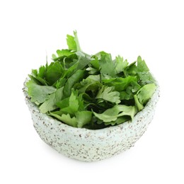 Photo of Aromatic cilantro in bowl isolated on white