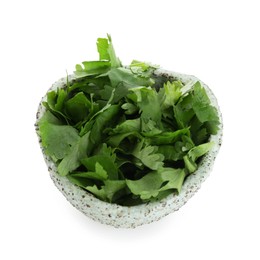 Photo of Aromatic cilantro in bowl isolated on white