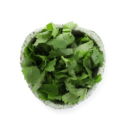 Photo of Aromatic cilantro in bowl isolated on white, top view