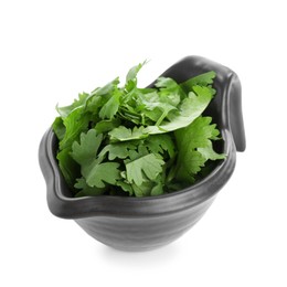 Photo of Aromatic cilantro in gravy boat isolated on white