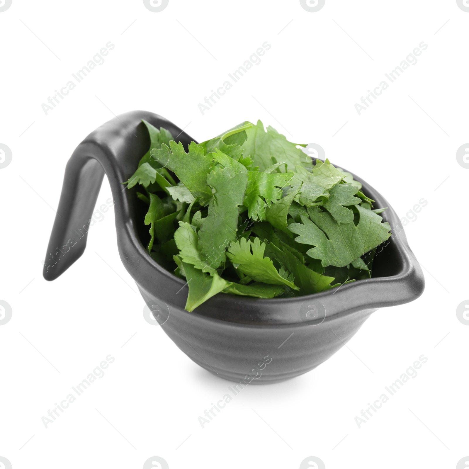 Aromatic cilantro in gravy boat isolated on white Photo of Aromatic cilantro in gravy boat isolated on white