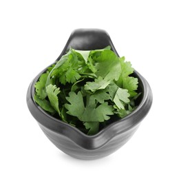 Photo of Aromatic cilantro in gravy boat isolated on white