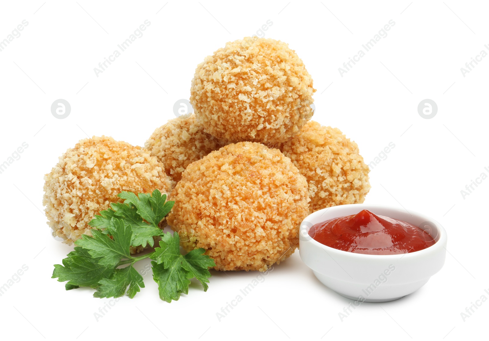 Delicious fried croquette balls, ketchup and parsley isolated on white Photo of Delicious fried croquette balls, ketchup and parsley isolated on white