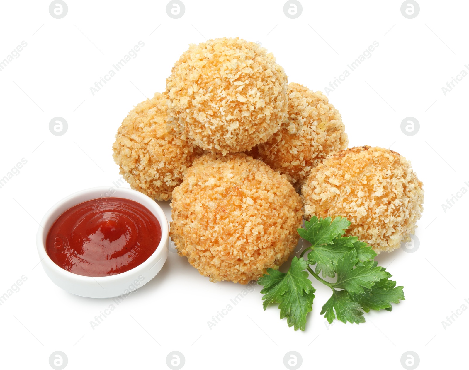 Delicious fried croquette balls, ketchup and parsley isolated on white Photo of Delicious fried croquette balls, ketchup and parsley isolated on white