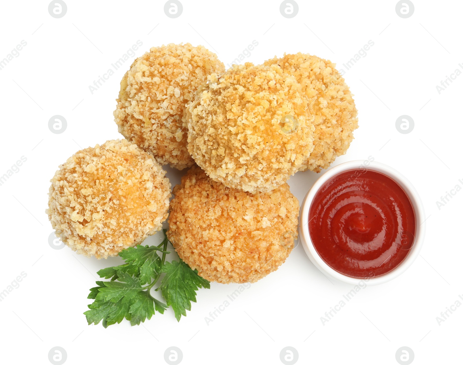 Delicious fried croquette balls, ketchup and parsley isolated on white, top view Photo of Delicious fried croquette balls, ketchup and parsley isolated on white, top view