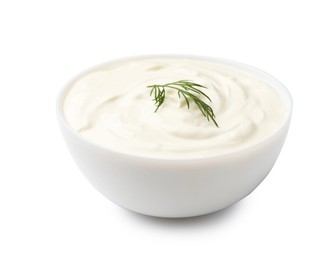 Photo of Tasty sour cream with dill in bowl isolated on white