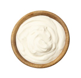 Photo of Tasty sour cream in bowl isolated on white, top view