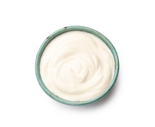 Photo of Tasty sour cream in bowl isolated on white, top view