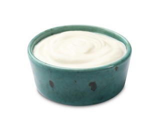 Photo of Tasty sour cream in bowl isolated on white
