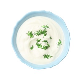 Photo of Tasty sour cream with dill in bowl isolated on white, top view