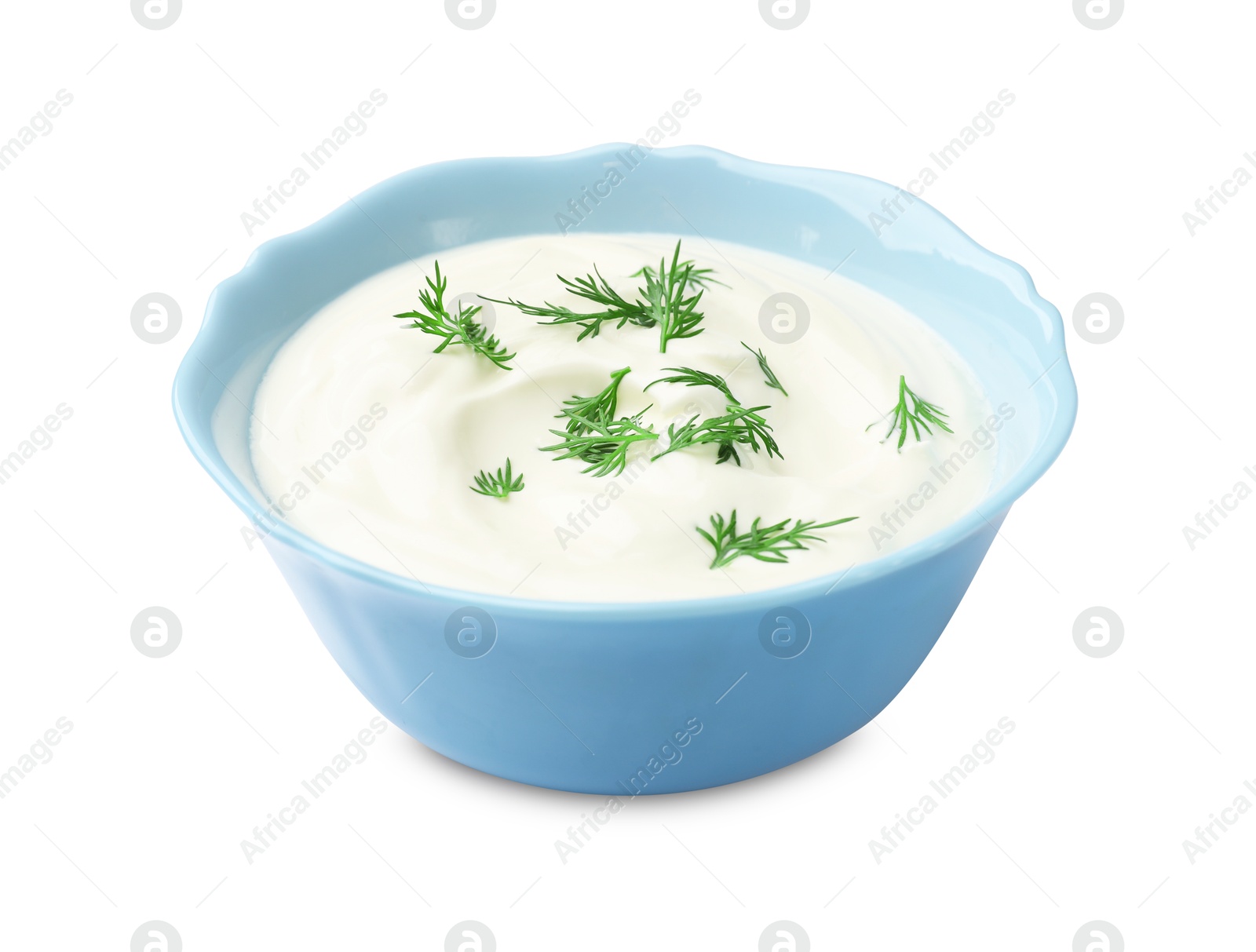 Photo of Tasty sour cream with dill in bowl isolated on white