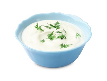 Photo of Tasty sour cream with dill in bowl isolated on white