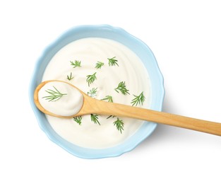 Photo of Tasty sour cream with dill isolated on white, top view