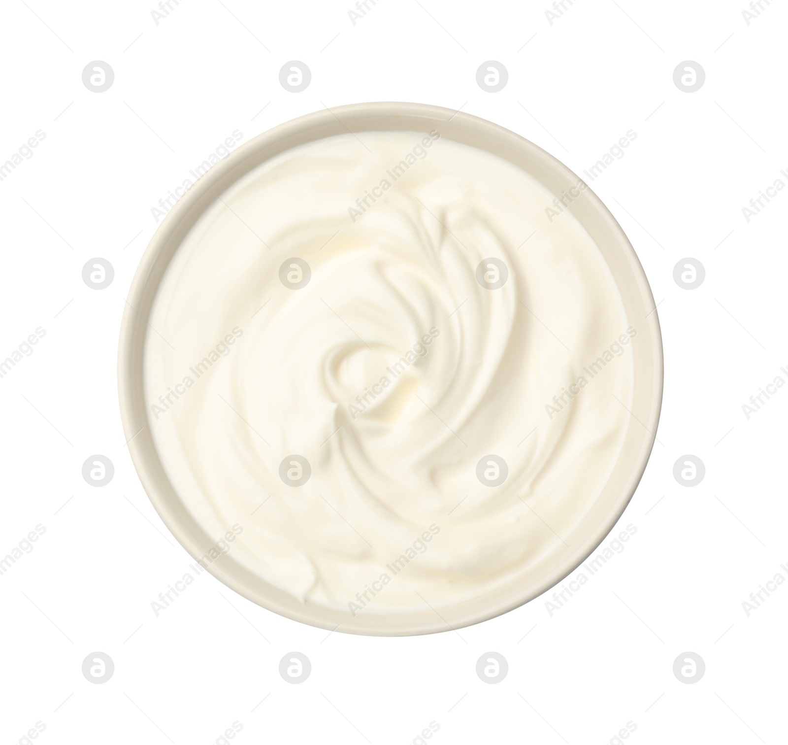 Photo of Tasty sour cream in bowl isolated on white, top view