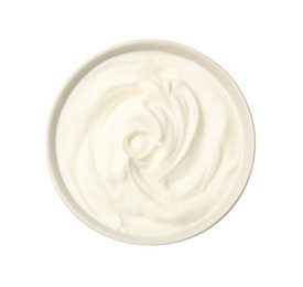 Photo of Tasty sour cream in bowl isolated on white, top view