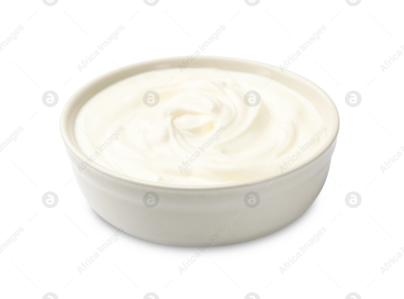 Photo of Tasty sour cream in bowl isolated on white