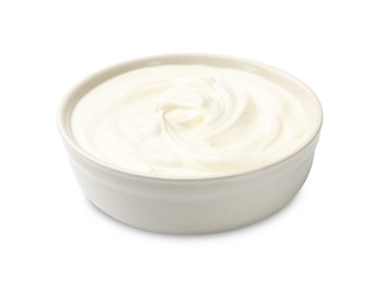 Photo of Tasty sour cream in bowl isolated on white