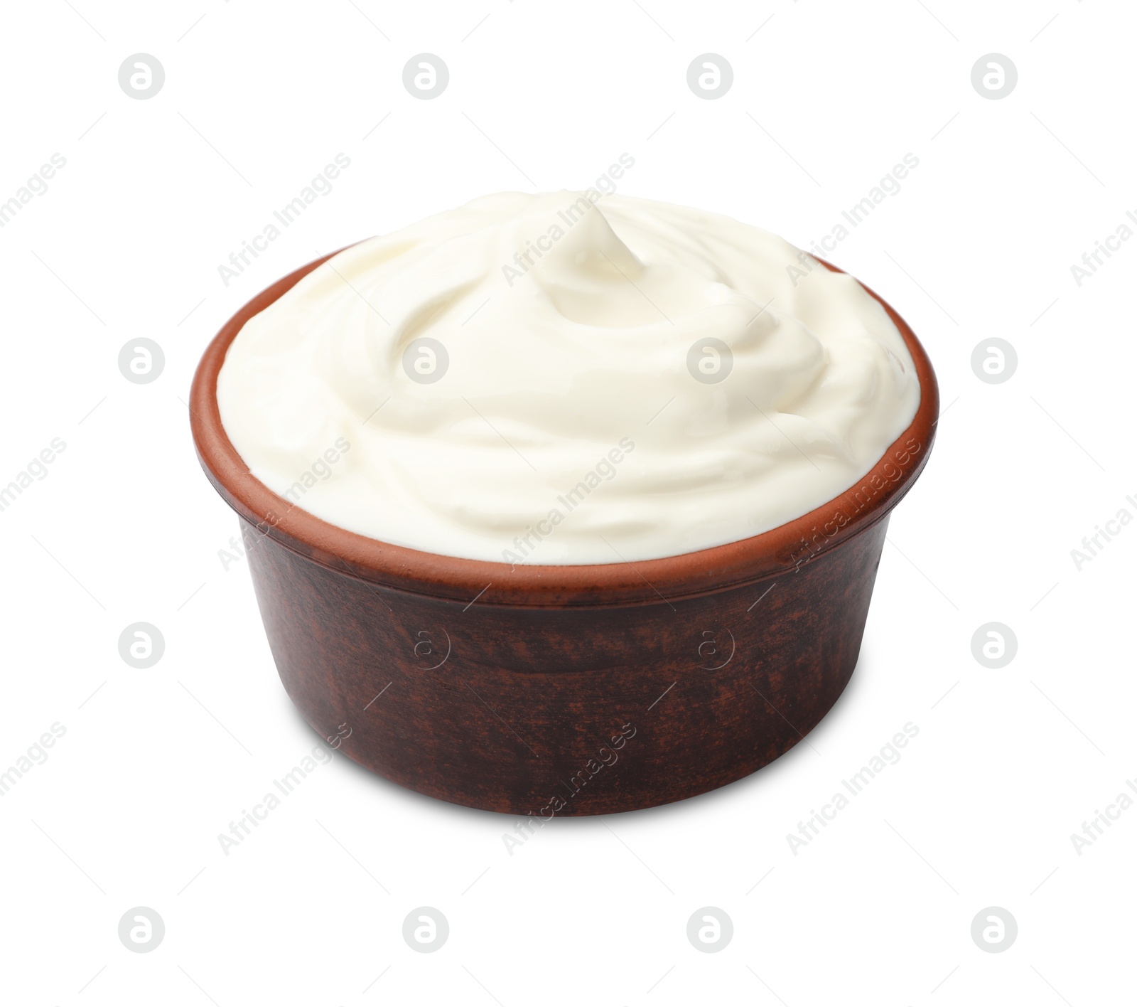 Tasty sour cream in bowl isolated on white Photo of Tasty sour cream in bowl isolated on white