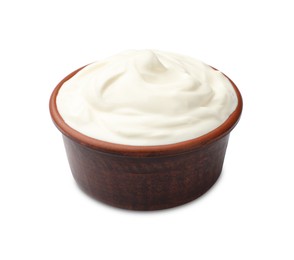 Photo of Tasty sour cream in bowl isolated on white