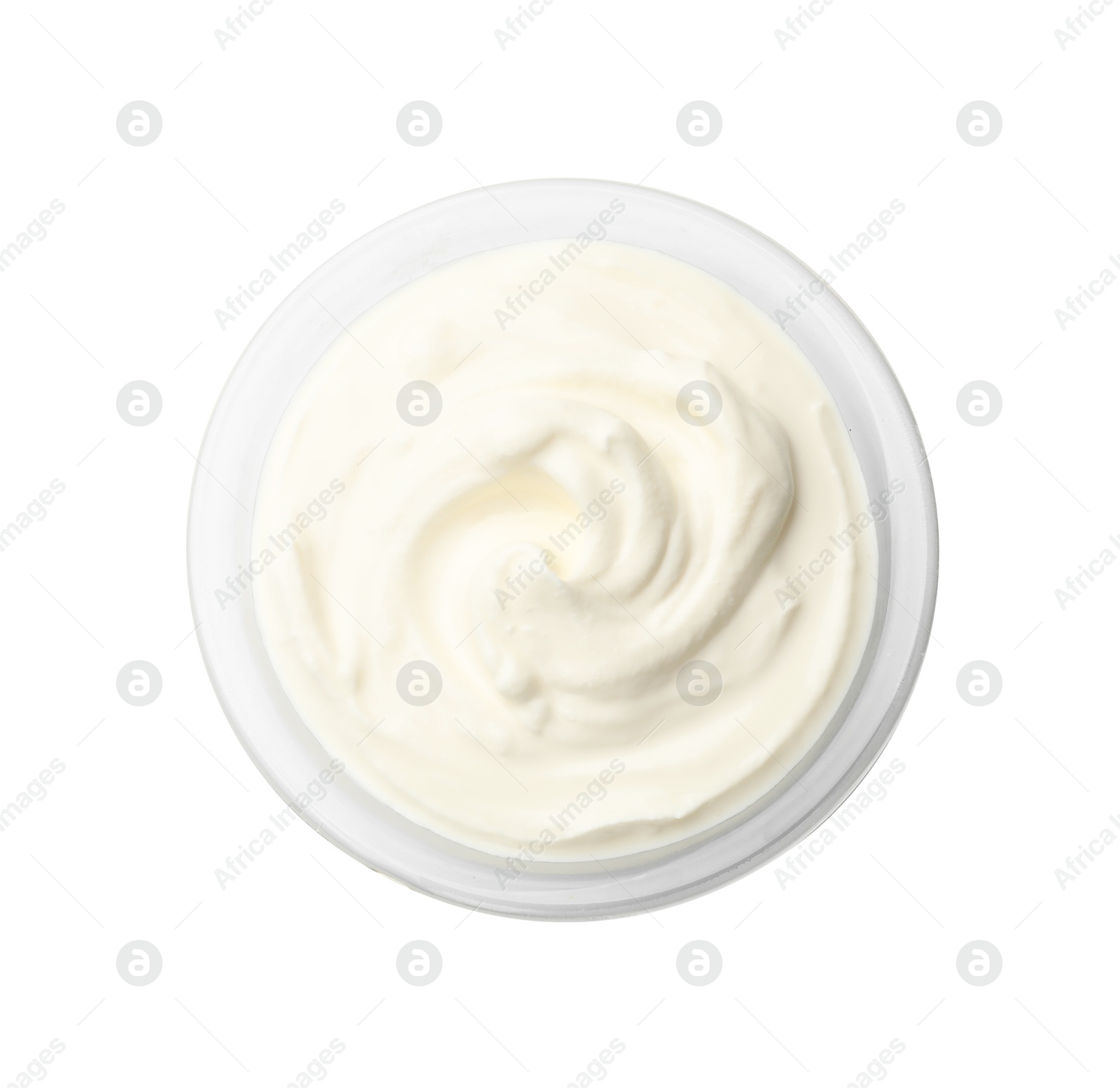 Photo of Tasty sour cream in bowl isolated on white, top view
