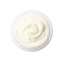 Photo of Tasty sour cream in bowl isolated on white, top view