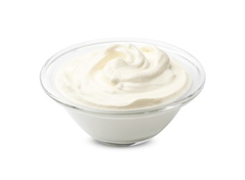 Photo of Tasty sour cream in bowl isolated on white
