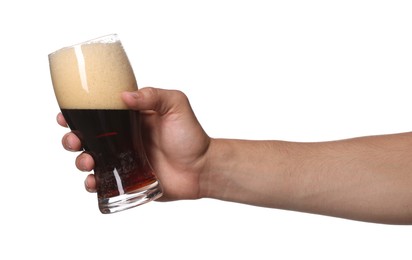 Photo of Man with glass of tasty beer on white background, closeup