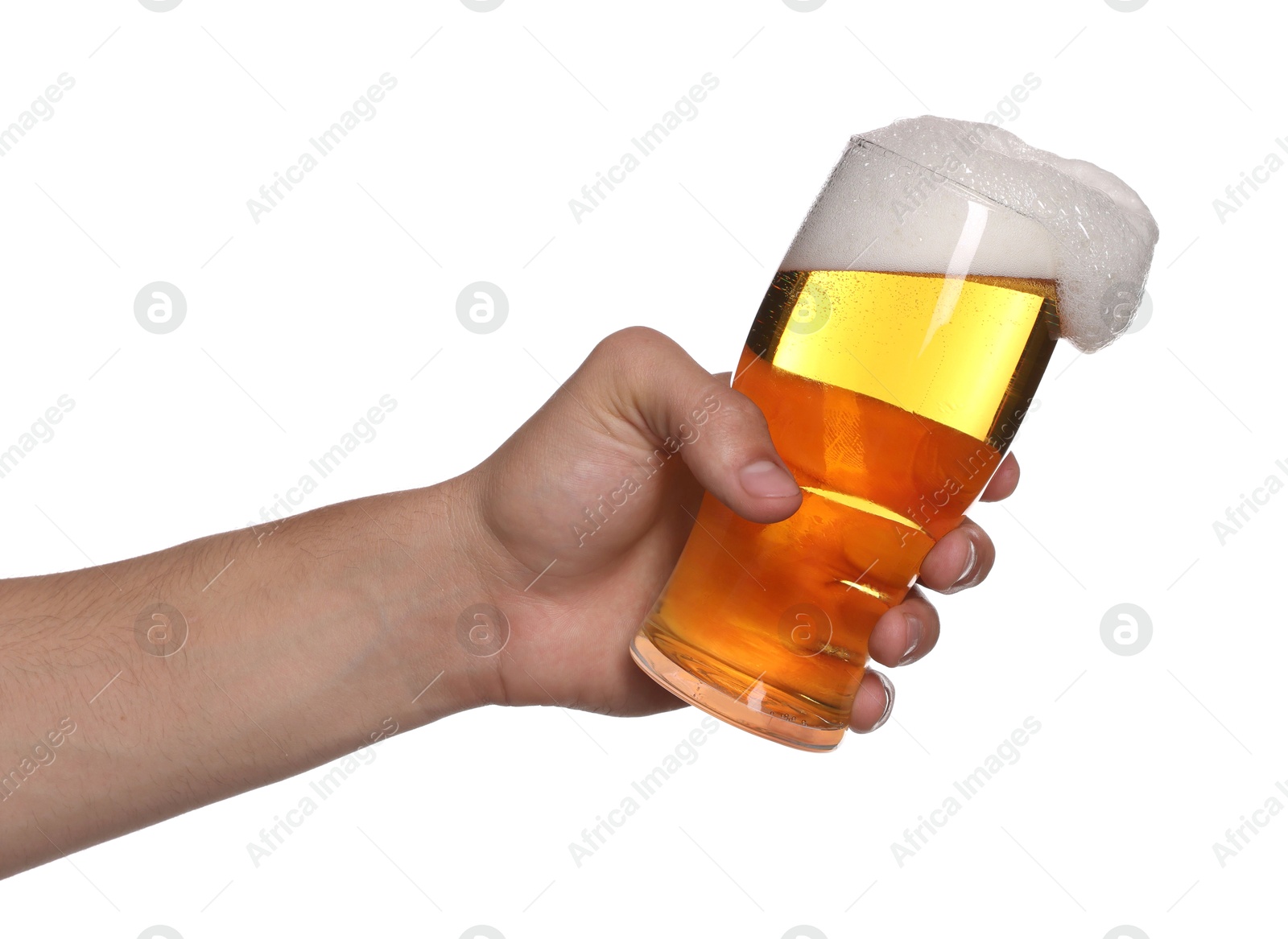 Man with glass of tasty beer on white background, closeup Photo of Man with glass of tasty beer on white background, closeup