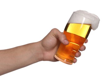 Photo of Man with glass of tasty beer on white background, closeup