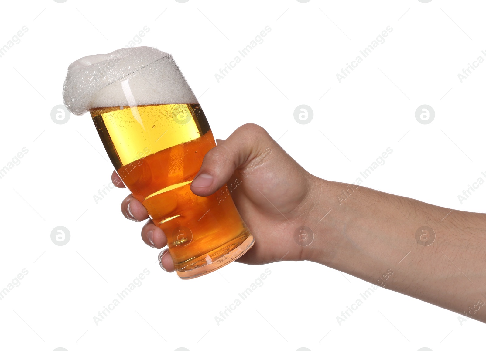 Man with glass of tasty beer on white background, closeup Photo of Man with glass of tasty beer on white background, closeup