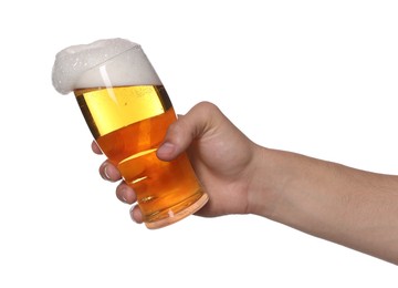 Photo of Man with glass of tasty beer on white background, closeup