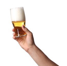 Photo of Man with glass of tasty beer on white background, closeup
