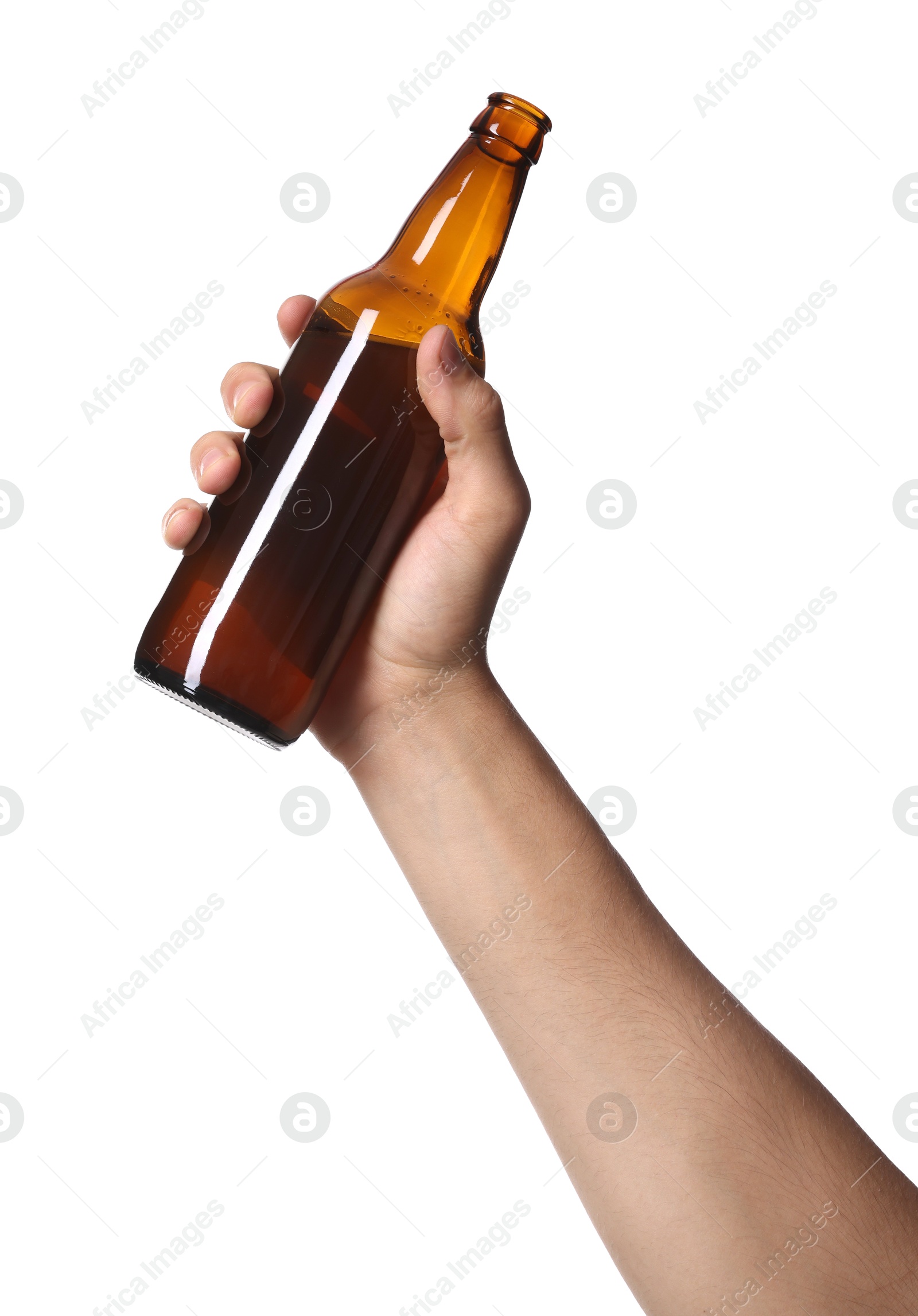 Man with bottle of tasty beer on white background, closeup Photo of Man with bottle of tasty beer on white background, closeup