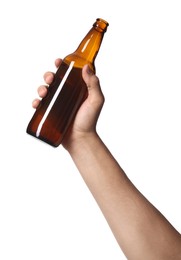 Photo of Man with bottle of tasty beer on white background, closeup