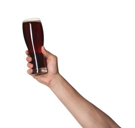 Photo of Man with glass of tasty beer on white background, closeup
