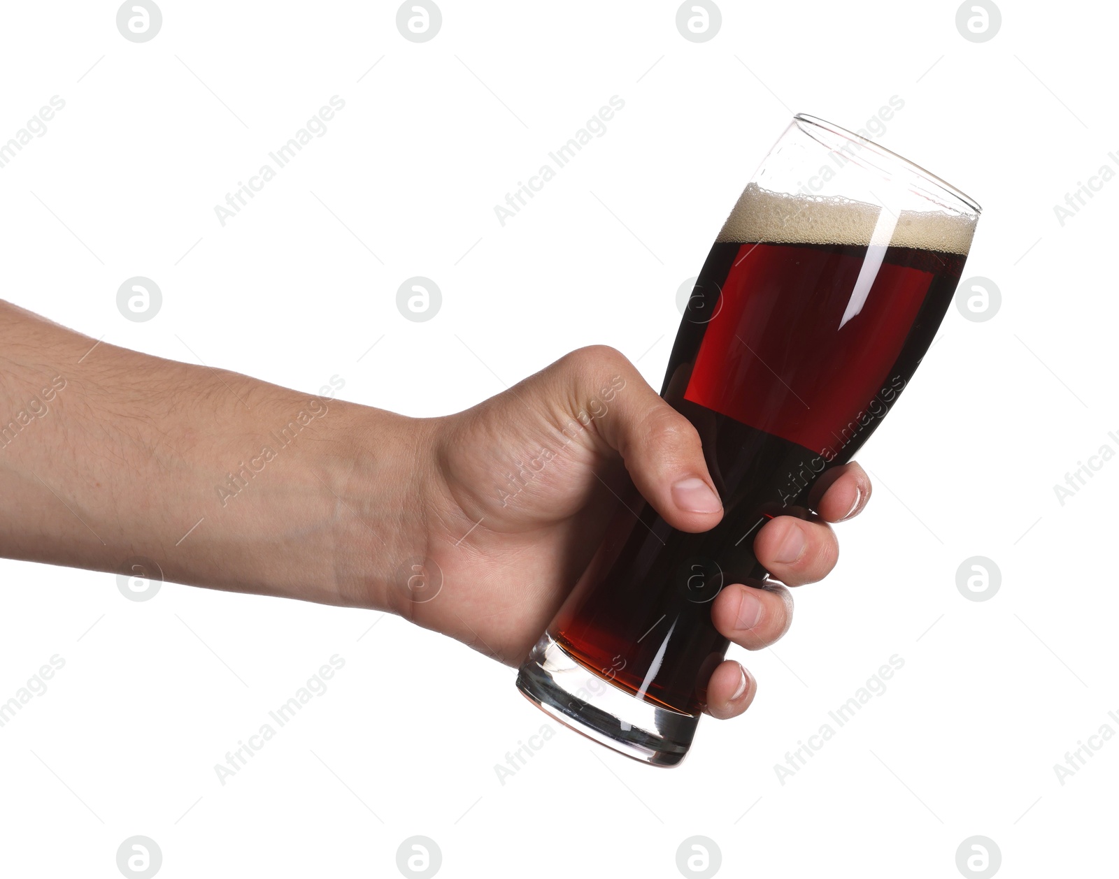 Man with glass of tasty beer on white background, closeup Photo of Man with glass of tasty beer on white background, closeup