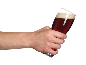 Photo of Man with glass of tasty beer on white background, closeup