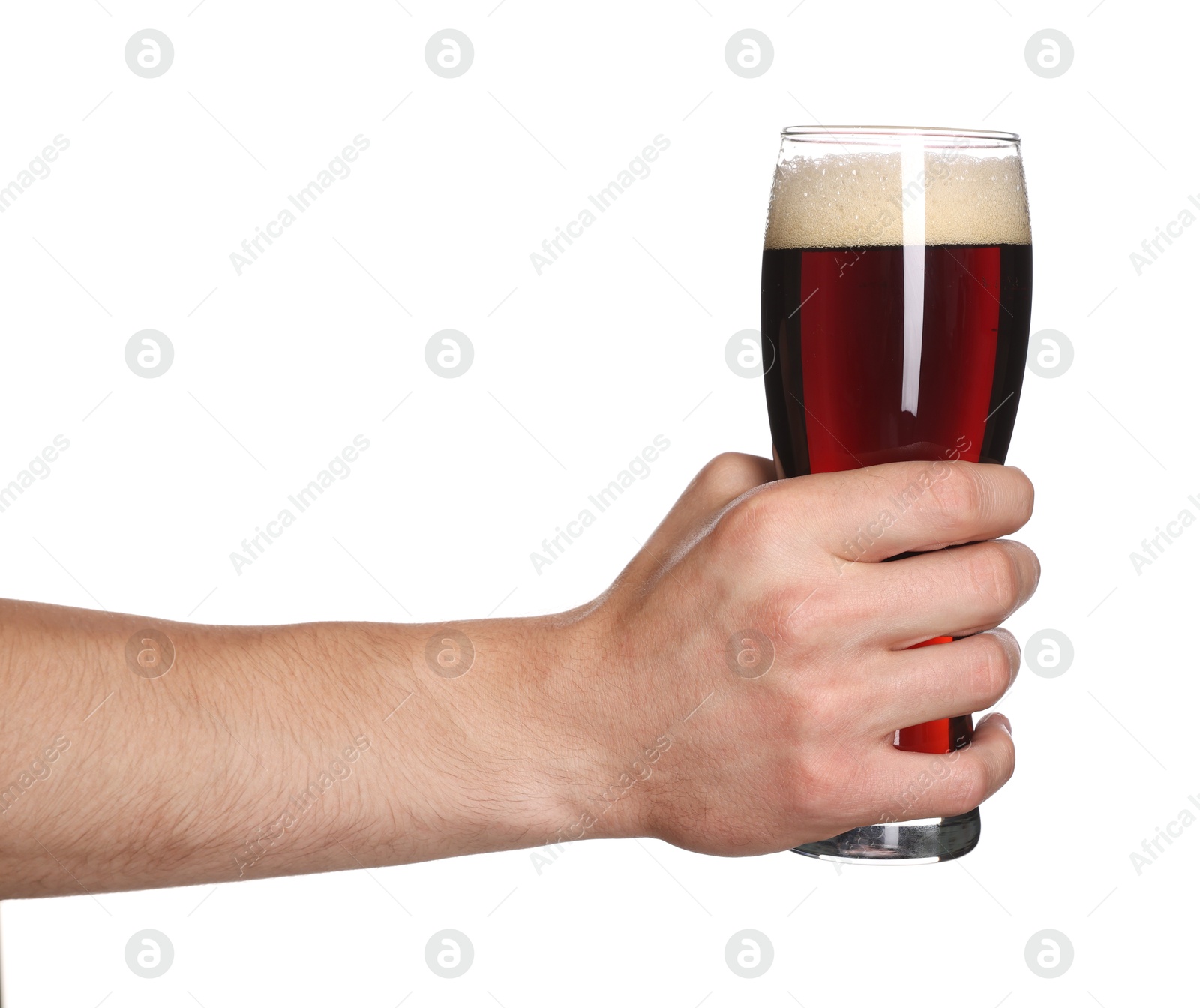 Man with glass of tasty beer on white background, closeup Photo of Man with glass of tasty beer on white background, closeup