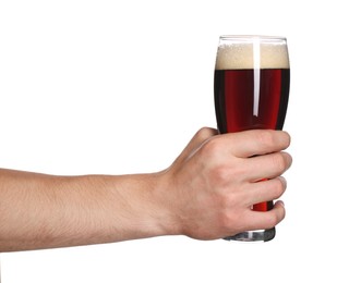 Photo of Man with glass of tasty beer on white background, closeup
