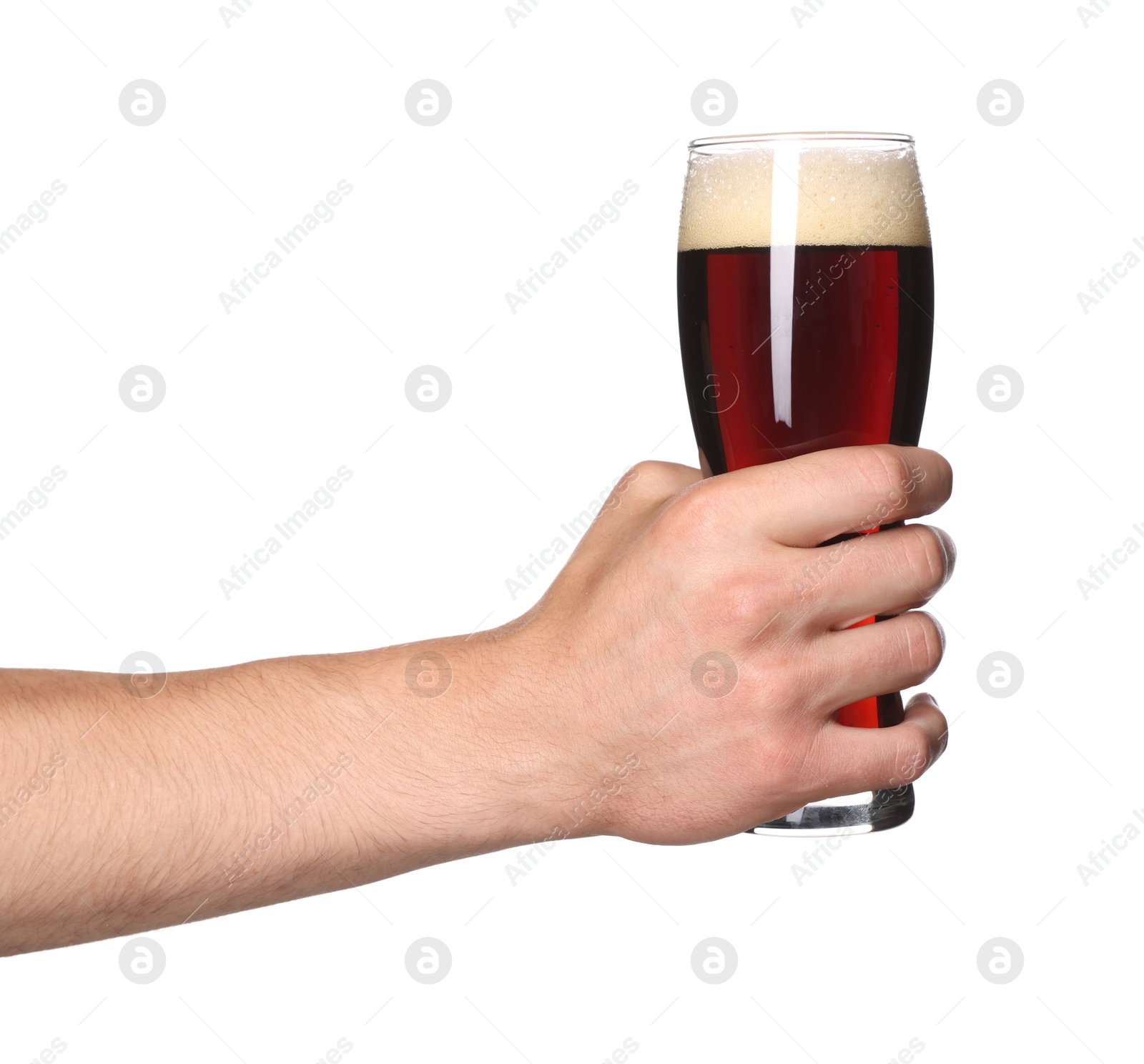 Man with glass of tasty beer on white background, closeup Photo of Man with glass of tasty beer on white background, closeup