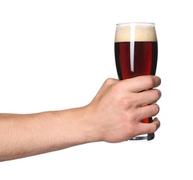 Photo of Man with glass of tasty beer on white background, closeup