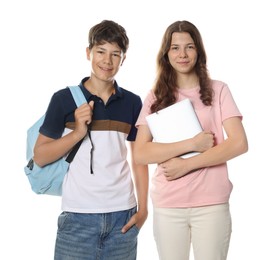 Photo of Teenage girl and boy with backpack and laptop on white background